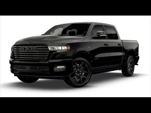 2026 RAM Ram 1500 RAM 1500 LARAMIE CREW CAB 4X4 5'7' BOX in Diamond Black Crystal Pearl-Coat Exterior Paint — front three-quarter view