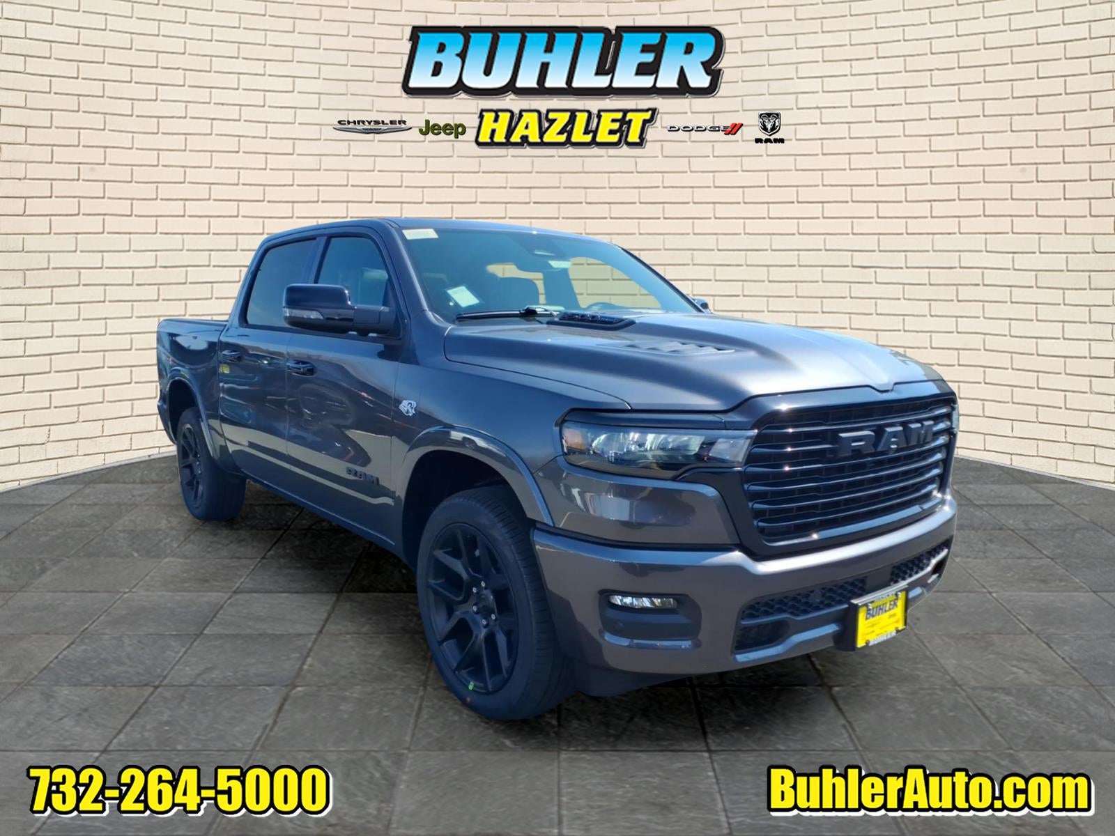 2026 RAM Ram 1500 RAM 1500 LARAMIE CREW CAB 4X4 5'7' BOX in Granite Crystal Metallic Clear-Coat Exterior Paint — front three-quarter view