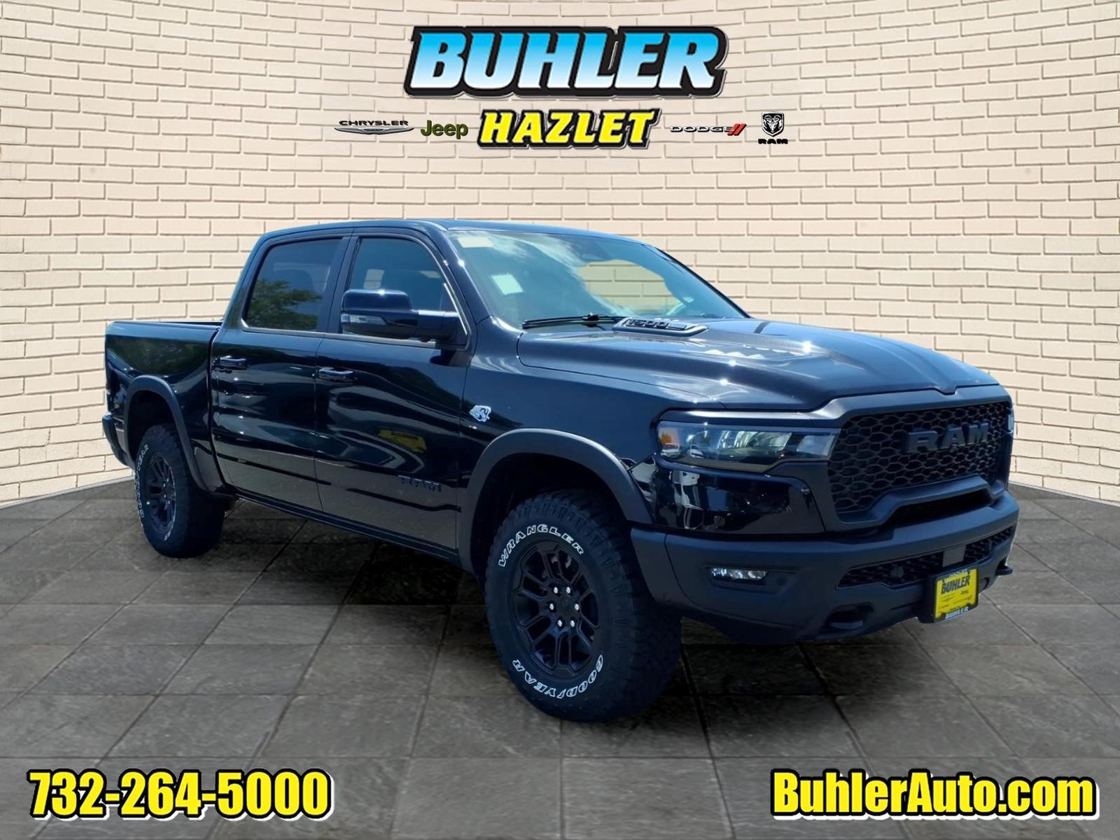 2026 RAM Ram 1500 RAM 1500 REBEL CREW CAB 4X4 5'7' BOX in Diamond Black Crystal Pearl-Coat Exterior Paint — front three-quarter view