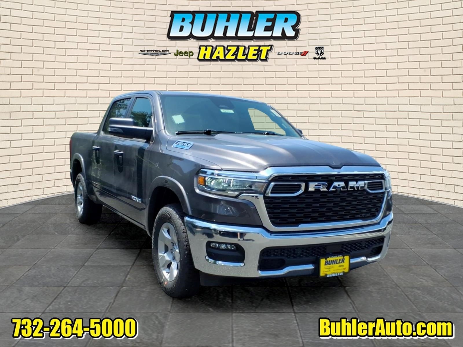 2026 RAM Ram 1500 RAM 1500 BIG HORN CREW CAB 4X4 5'7' BOX in Granite Crystal Metallic Clear-Coat Exterior Paint — front three-quarter view