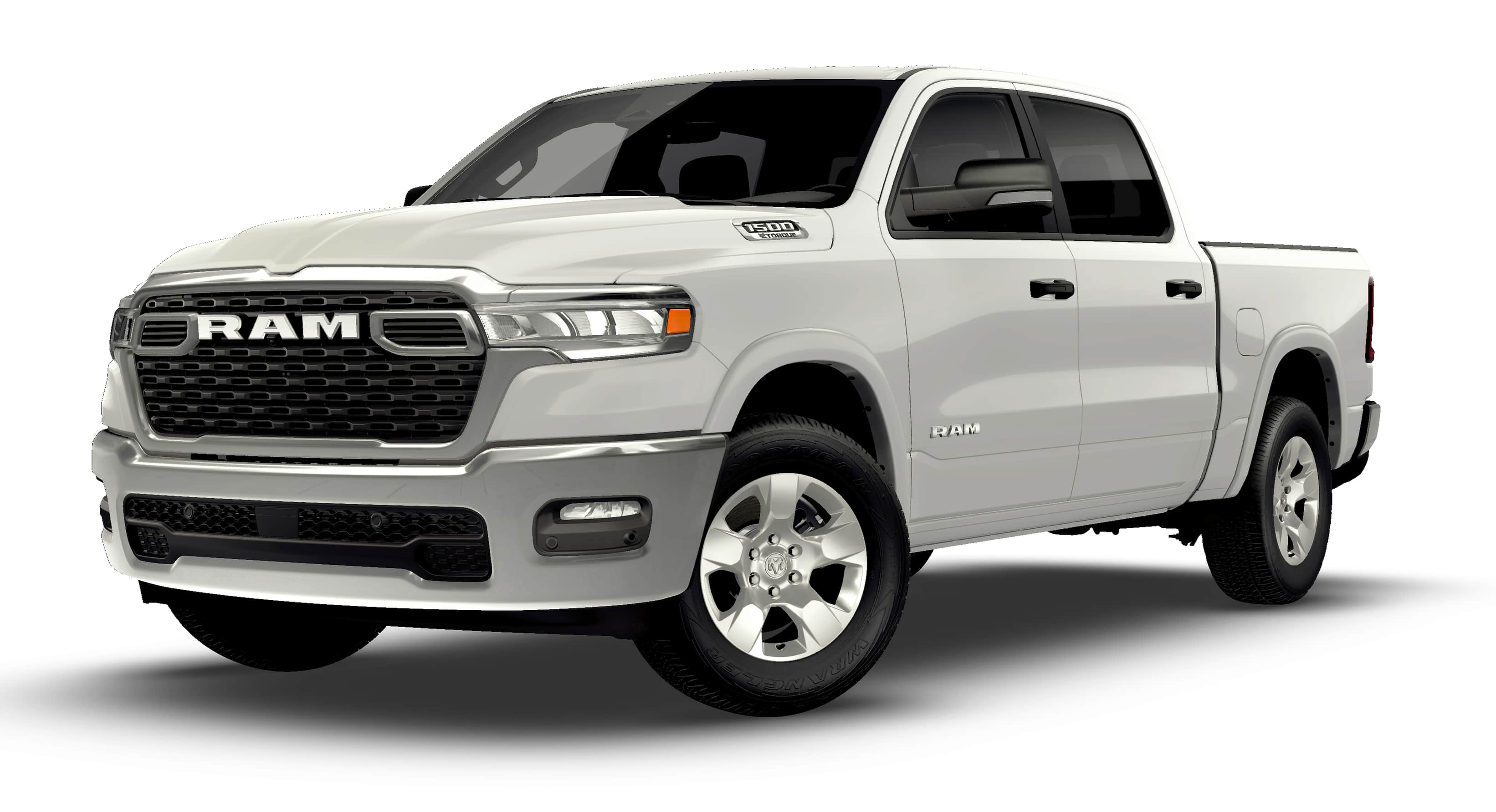 2026 RAM Ram 1500 RAM 1500 BIG HORN CREW CAB 4X4 5'7' BOX in Bright White Clear-Coat Exterior Paint — front three-quarter view